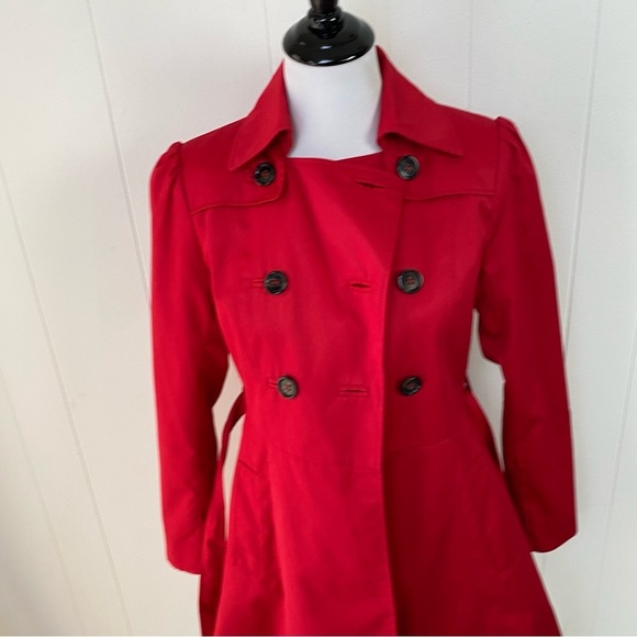 H&M Trench Coat Womens Sz 4 Cherry Red Double Breasted Jacket Tie Waist Flared - Picture 15 of 16